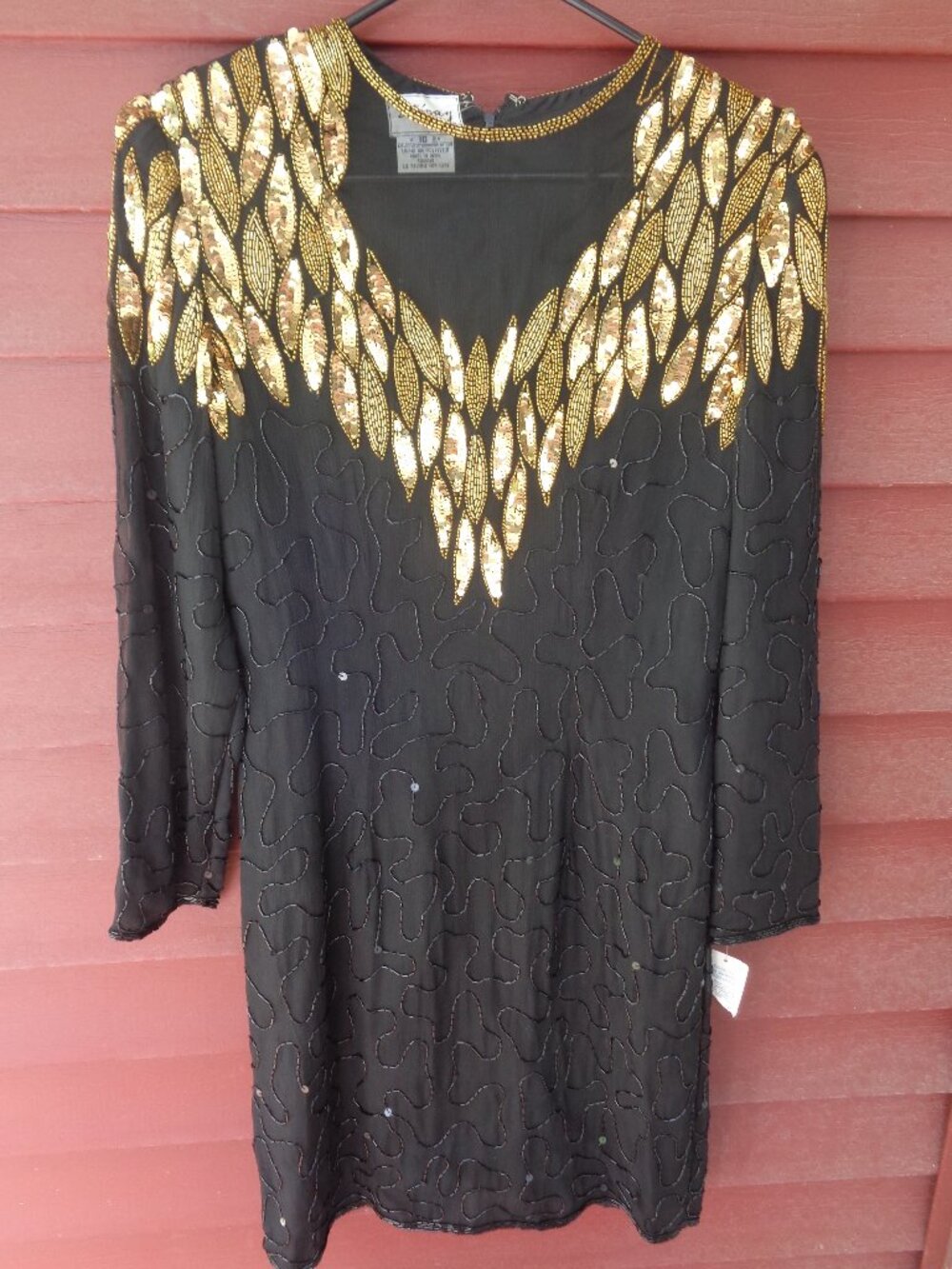 NWT Vintage STENAY 80's Black Silk Gold Sequin BEADED DRESS - 10